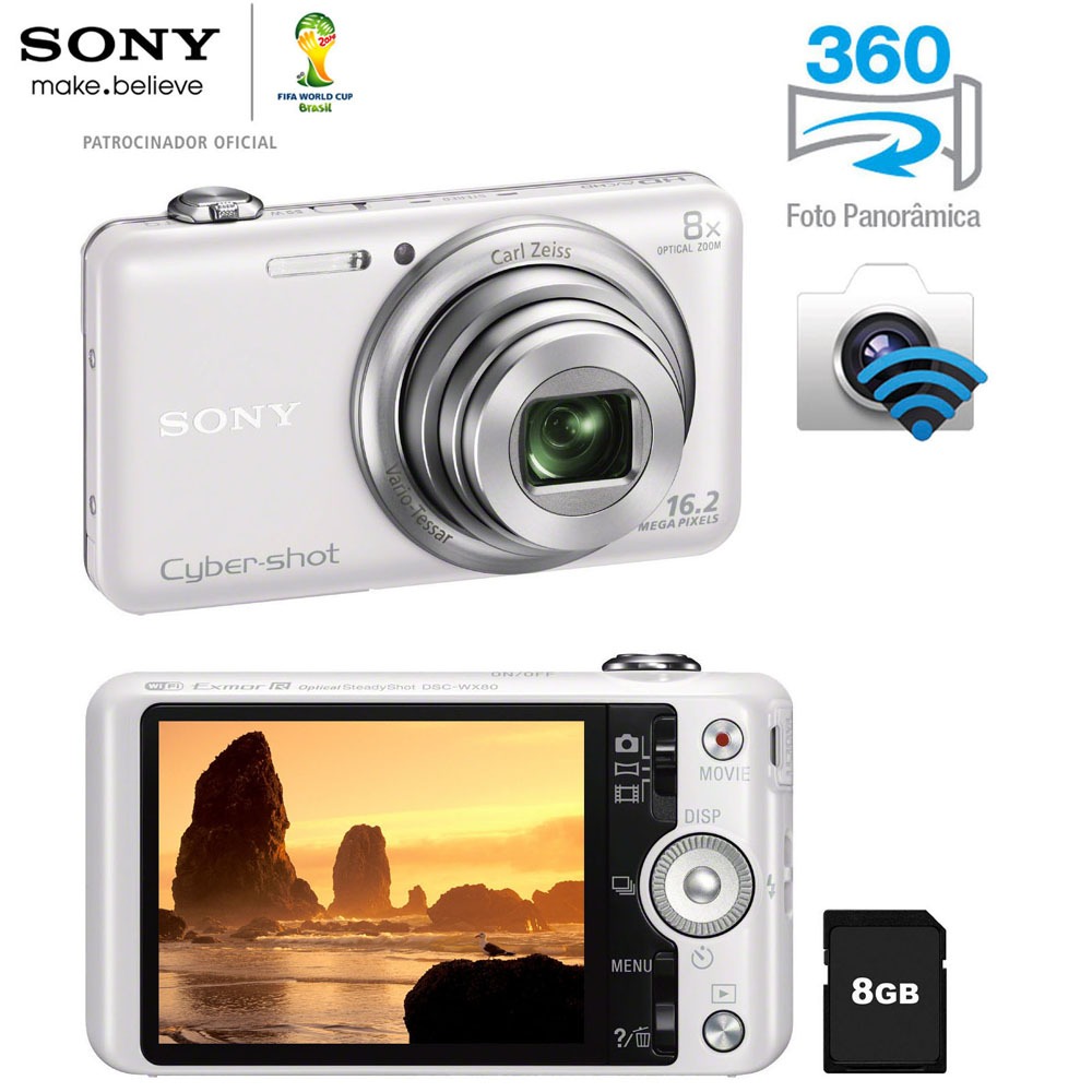 Câmera Digital Sony DSCWX80 Branca 16.2 MP, WiFi Integrado, Foto 3D e