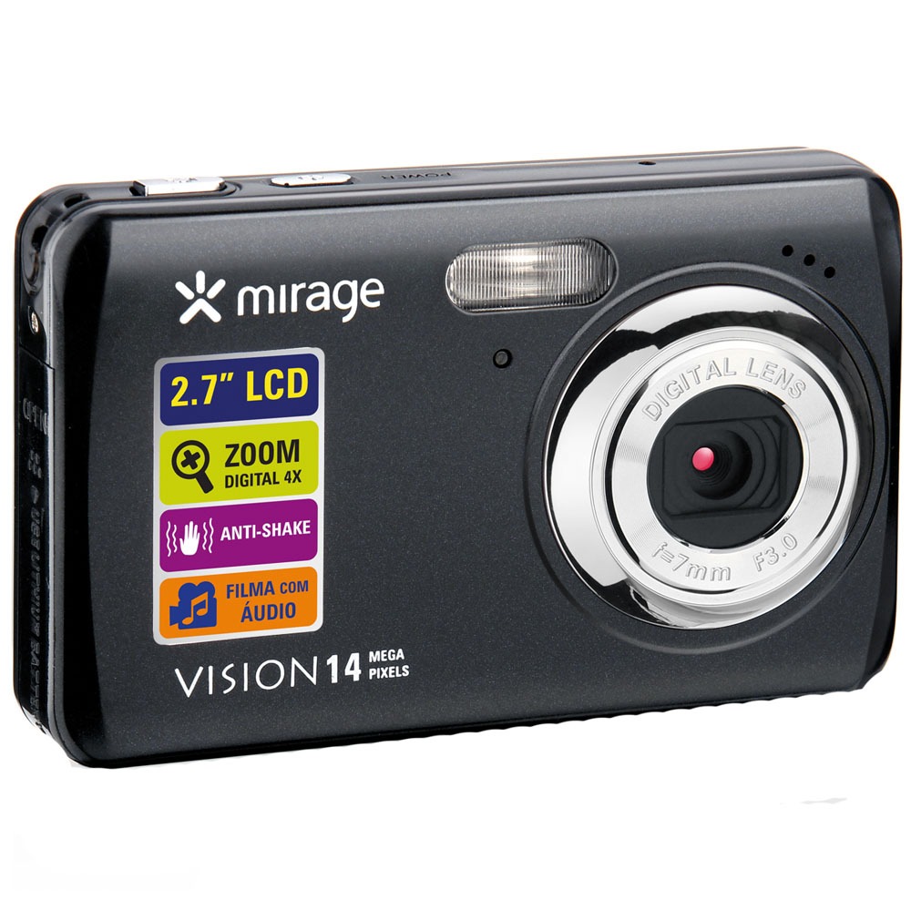 Câmera Digital Mirage Vision DC086 Preta c/ 14MP, LCD 2.7", Vídeo c