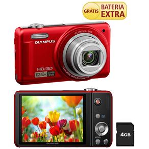 Câmera Digital Olympus VR-330 Red c/ LCD 3.0”, 14MP, Zoom Óptico 12,5x, Foto 3D, Foto Panorama, Dupla Estabilização, Vídeo HD + Cartão SD 4GB 