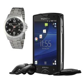 Celular Desbloqueado Sony Ericsson Xperia™ Mini Pro Preto c/ Câmera 5.0MP, Fone + Cartão 2GB + Relógio Masculino Analógico Mondaine  - Prata
