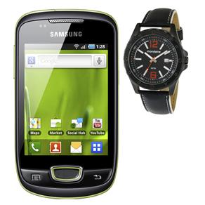 Celular Desbloqueado Samsung Galaxy Mini Preto/Verde Android 2.2, Wi-Fi, 3G, Câmera 3.2, GPS, Touch e Fone + Relógio Masculino Mondaine Urban - Preto