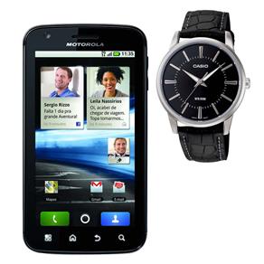 Celular Desbloqueado Motorola Atrix Preto c/Android 2.3, Câmera 5.MP, 3G, Wi-Fi, GPS, Bluetooth e Fone + Relógio Masculino Analógico Casio - Preto