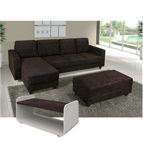 Sofá 3 Lugares American Comfort Madaloni + Chaise + Puff - Marrom + Mesa de Centro Madesa Arcato 5805 - Branco/Madeira Demolição