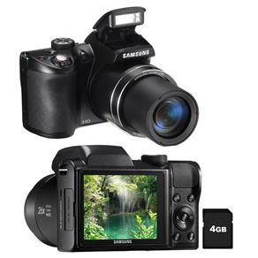 Câmera Samsung WB100 Preta c/ LCD 3,0”, 16.2MP, Zoom Óptico 26x, Vídeo HD, Foto Panorâmica, Foto 3D, Detector de Face e Sorriso + Cartão SDHC 4GB