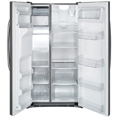 O refrigerador Side by Side GE 23ZS2LFBSS aberto refrigerador Side by Side GE 23 ZS2LFBSS aberto