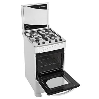 O fogão Continental quatro bocas Calore Bivolt Branco aberto fogão Continental quatro bocas Calore Bivolt Branco aberto