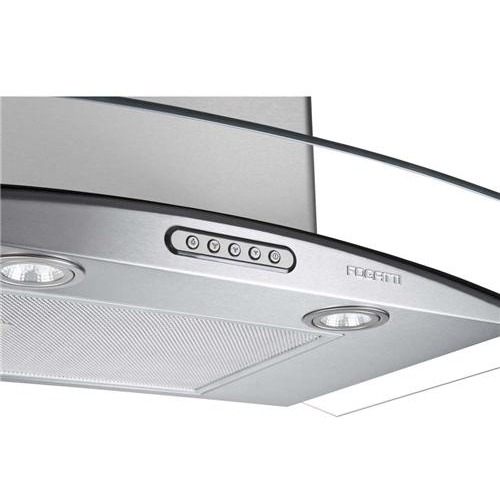 Estrutura em aço inox e perfeito acabamento slim em vidro curvo Coifa de Parede Fogatti design inovação tecnologia