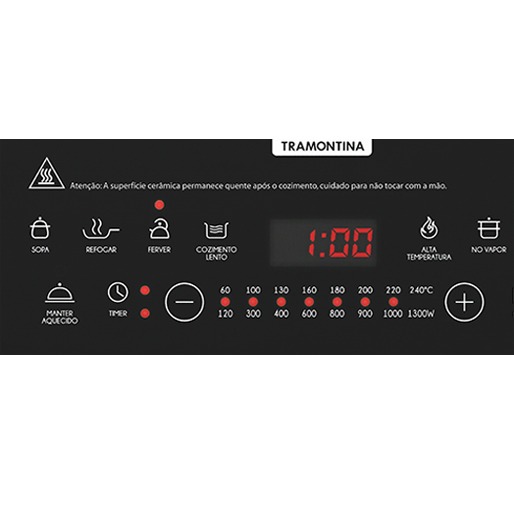 Com comando touch, basta um simples toque na tela para acionar a funcionalidade desejada display digital mono cooktop tramontina