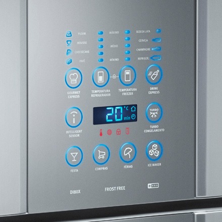 Painel Blue Touch para acionar diversas funções do refrigerador painel blue touch