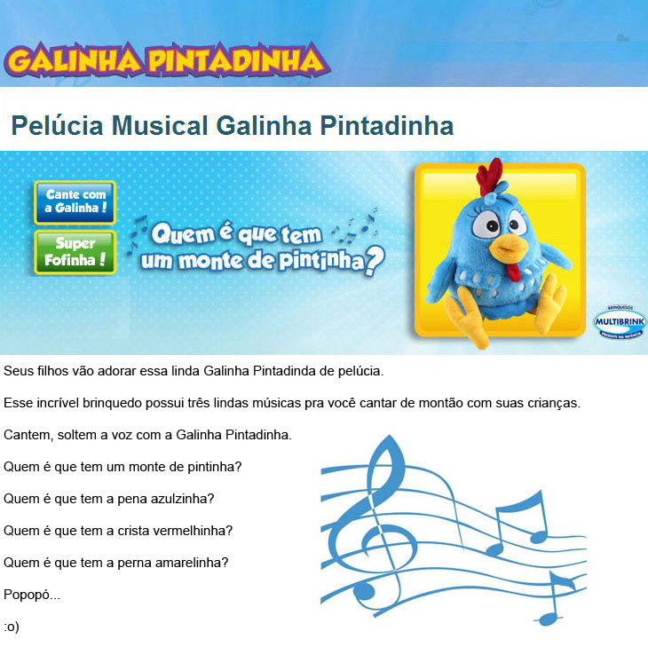 Cante com a galinha Pelúcia Musical Multibrink Galinha Pintadinha 7520