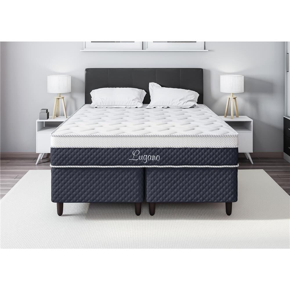Cama Box Queen + Colchão Biflex Lugano com Euro Pillow e Molas Ensacadas 65x158x198 cm - Azul/Cinza