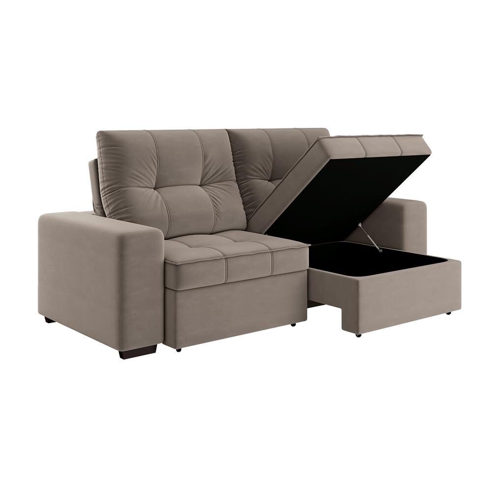 Sofá Linoforte 4 Lugares Dublin com Assento Retrátil Encosto Reclinável e Baú em Tecido Suede