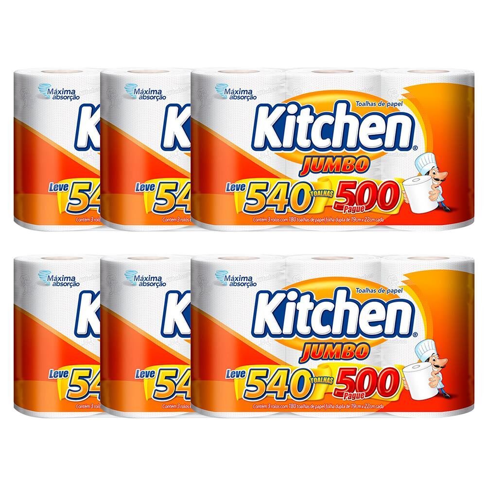 Toalhas de Papel Kitchen Jumbo Folha Dupla - 6 Pacotes com 540 Folhas Cada 