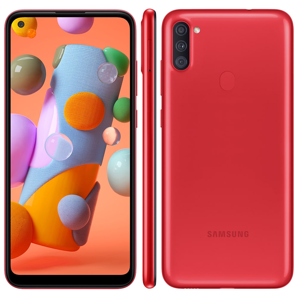 Smartphone Samsung Galaxy A11 Vermelho 64GB, Câmera Tripla,Tela Infinita 6.4", Leitor de Digital, Octa Core, 3GB RAM, Carregamento Rápido e Android 10