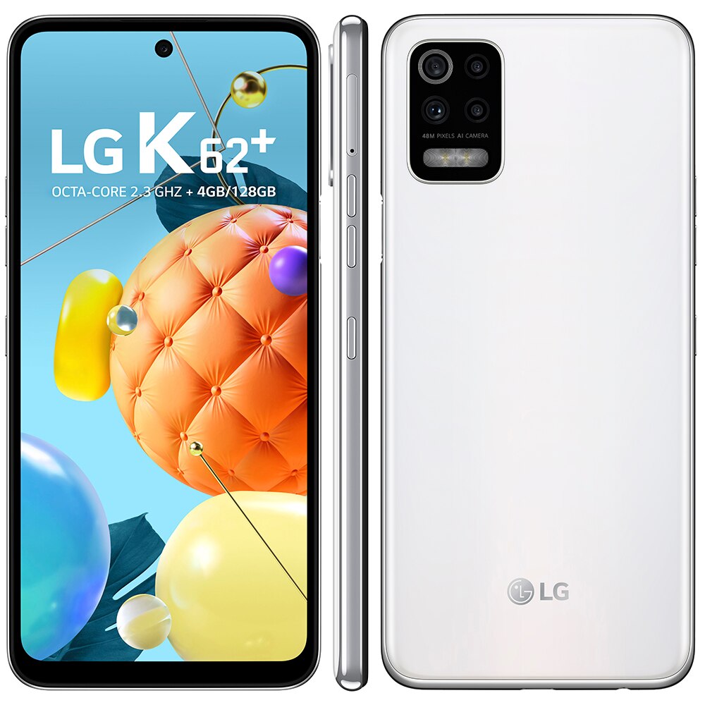 Smartphone LG K62+ Branco 128GB, Tela de 6.6”, Câmera Traseira Quádrupla, Android 10, Inteligência Artificial e Processador Octa-Core