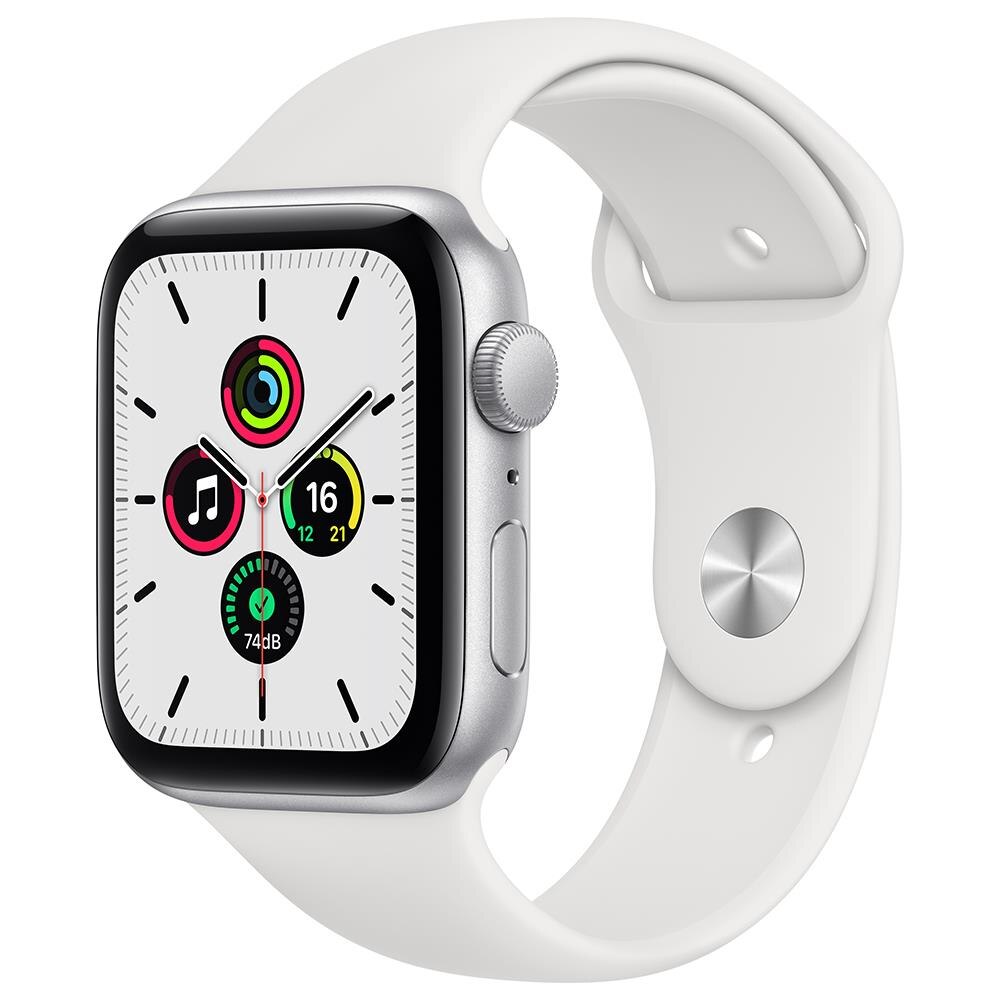 Apple Watch SE GPS 44mm Caixa Prateada de Alumínio com Pulseira Esportiva Branca
