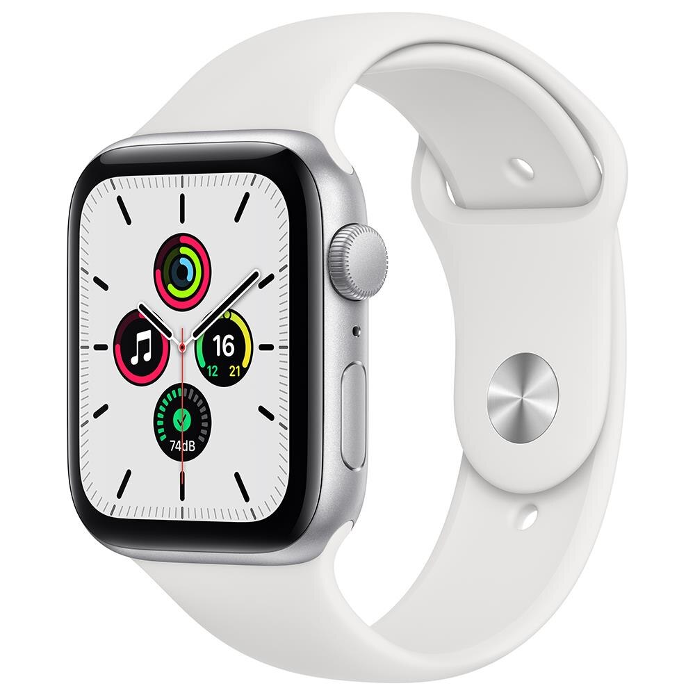 Apple Watch SE GPS 44mm Caixa Prateada de Alumínio com Pulseira Esportiva Branca