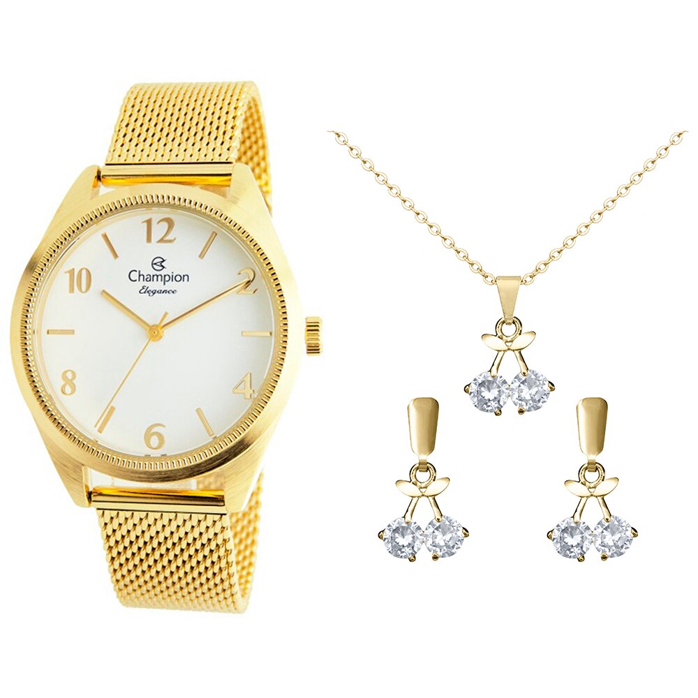 Relógio Feminino Analógico Champion Elegance CN25172B com Colar e Par de Brincos - Dourado