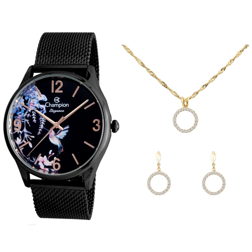 Relógio Feminino Analógico Champion Elegance CN20775K com Colar e Par de Brincos - Preto