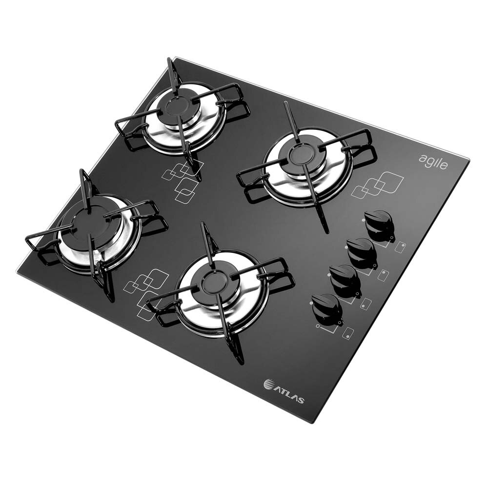 Cooktop 4 Bocas Atlas Preto - Agile Mega Chama - Gás Bivolt - 1311001