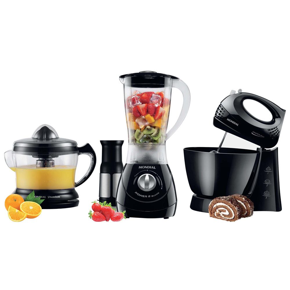 Conjunto Especial Mondial Gourmet KT-25 (Espremedor Premium E-02 + Batedeira Pratic Black B-12 + Liquidificador Power Black L-28F)