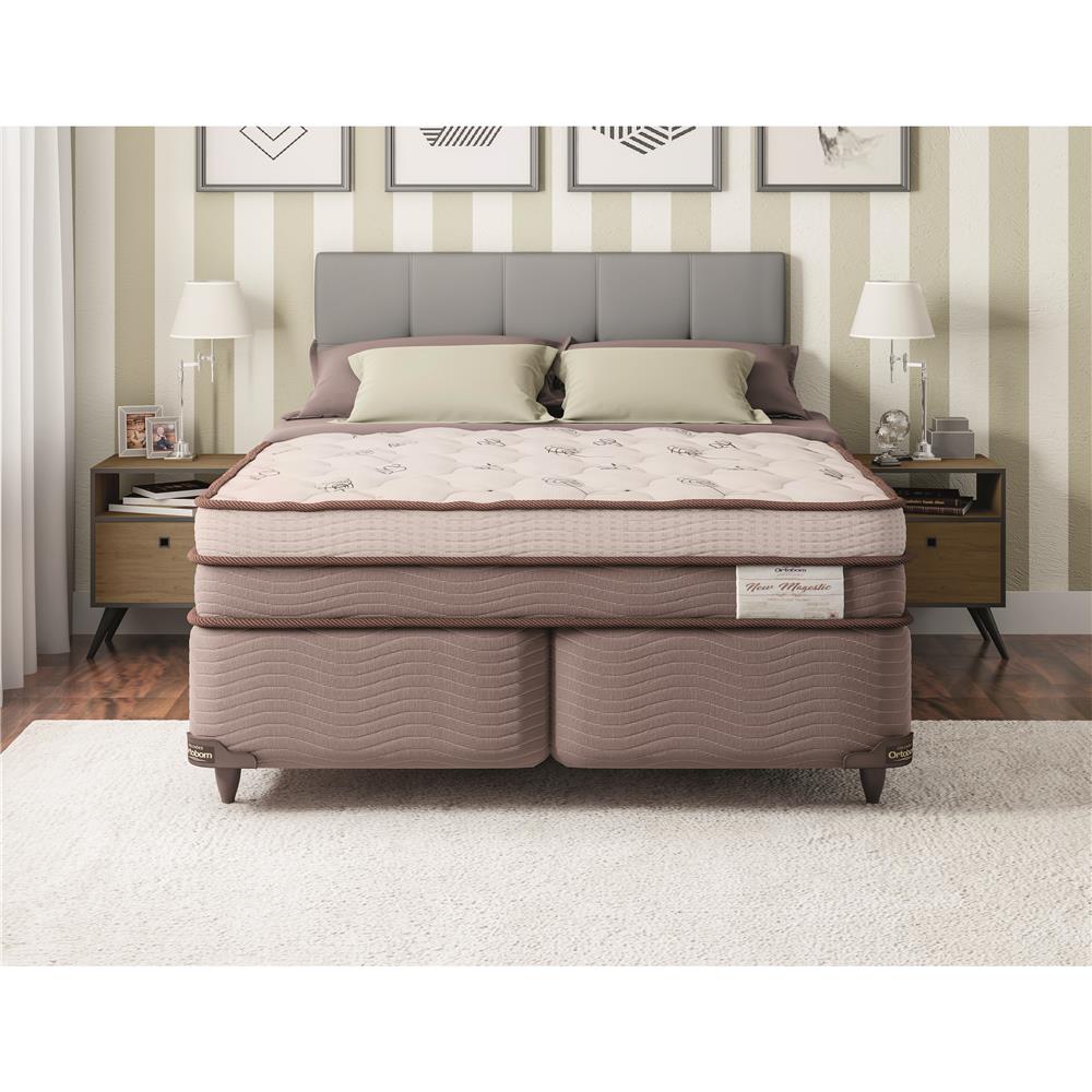 Cama Box King Size + Colchão Ortobom New Magestic com Molas Ensacadas 68x193x203 cm - Marrom/Cinza