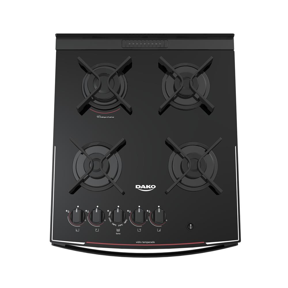 Fogão Dako 4 Bocas Glass com Mesa de Vidro Temperado Preto Piso 4