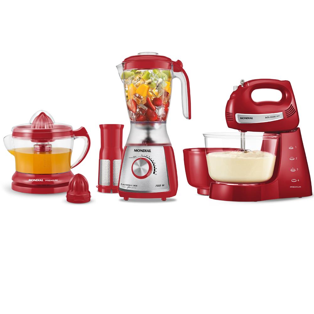 Kit Mondial Gourmet Red Premium Inox Batedeira Liquidificador Kit Mondial Gourmet Red Premium Inox Batedeira Liquidificador