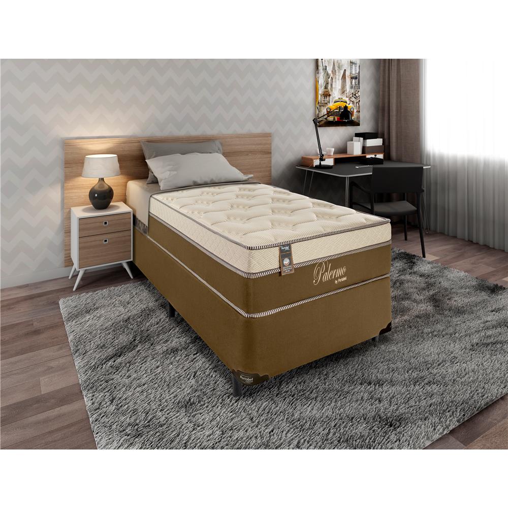Cama Box de Solteiro Portobel + Colchão de Solteiro Portobel Palermo com Pillow Top e Molas Ensacadas 72x88x188 cm - Bege/Marrom