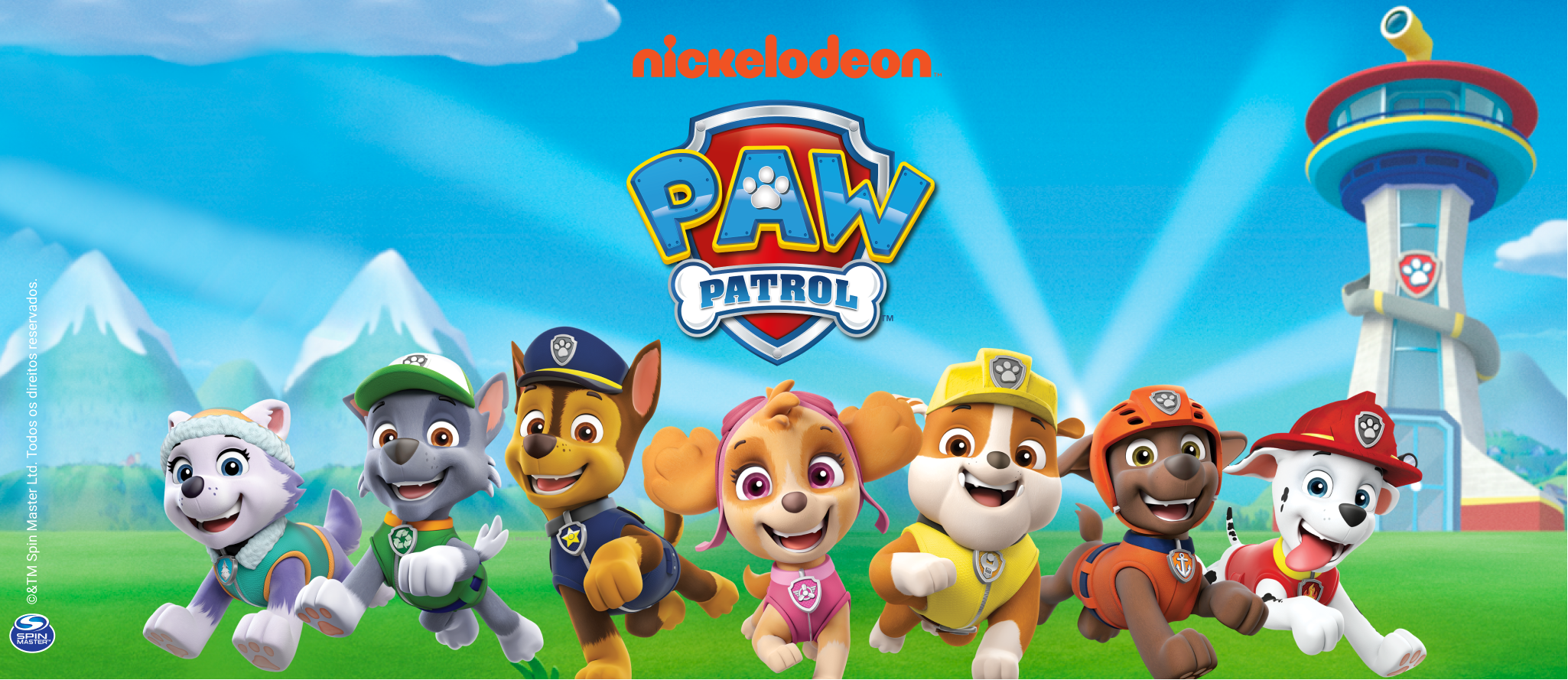 Todos os personagens da Patrulha correndo e o logo da Patrulha em cima deles com um link para a coleção geral
