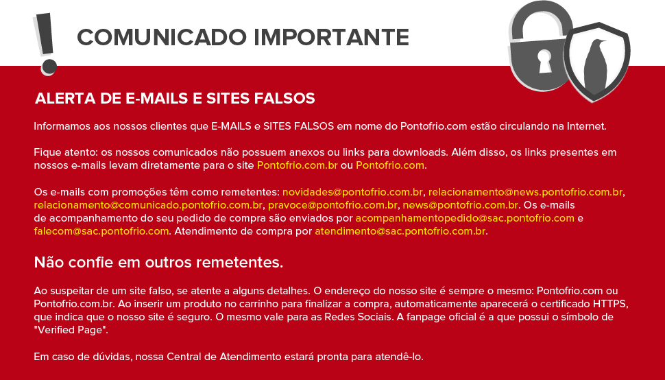 Comunicado Importante - ALERTA DE E-MAILS E SITES FALSOS