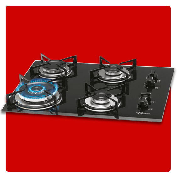 Cooktop a Gás 4 Bocas Fischer Tripla Chama e Vidro Bisotê Cooktops