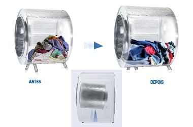 O cesto da lavadora e secadora de roupas Eco Turbo Electrolux LSE11 tem um balanceamento automático conforme as roupas colocadas