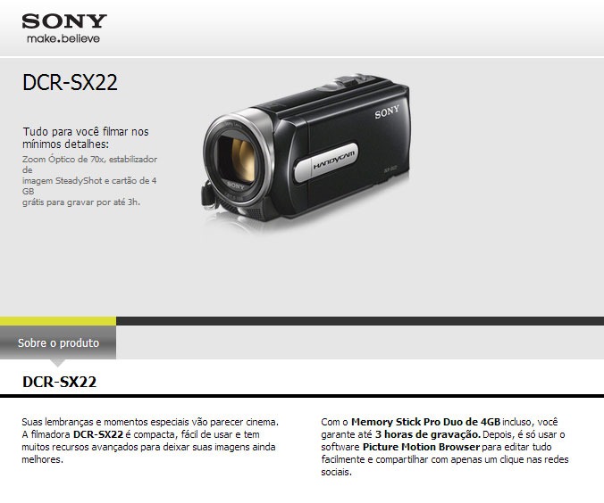 Filmadora Sony Standard Definition DCR-SX22