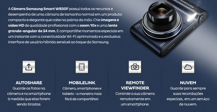 Câmera Smart WB30F Samsung com 16.2 megapixels e zoom 10x