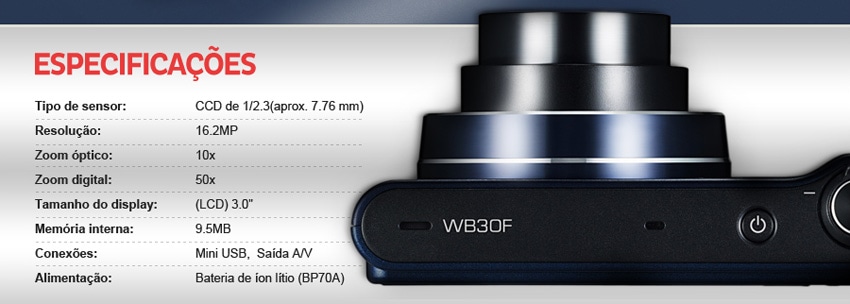 Câmera Smart WB30F da Samsung com vídeos em HD e cartão de 4 GB