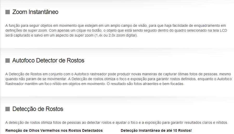 Zoom, Autofoco e Detector de Rosto