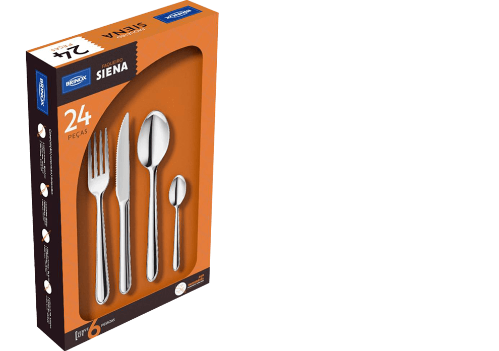 Acabamento polido e detalhe no cabo Conjunto Siena Brinox serve 6 pessoas