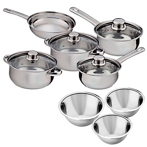 Conjunto de Panelas 5 Peças com Tampa de Vidro + 3 Tigelas em Inox Richwell - BK1936