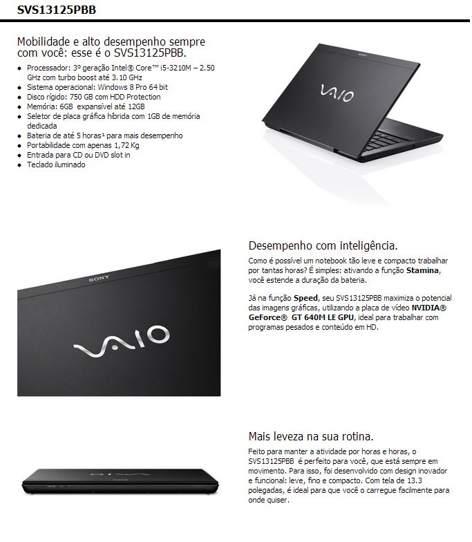 Notebook Sony Vaio SVS13125PBB 750GB com HDD Protection