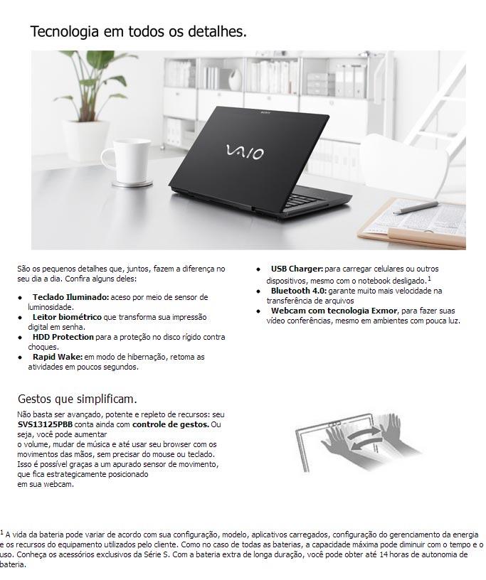 Notebook SVS13125PBB tecnologias Sony Vaio