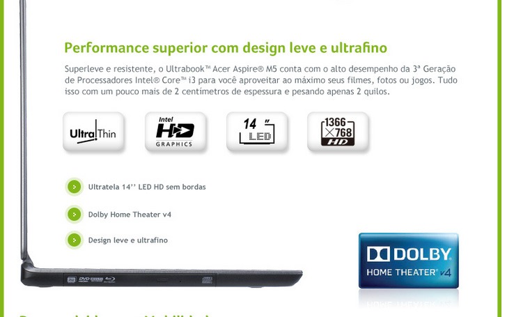 Ultrabook Acer Aspire M5 terceira geração de processadores Intel Core i3