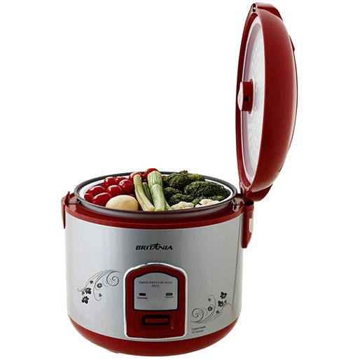 Panela Elétrica Arroz Britânia PA10 VM Vermelha Legumes Vegetais tomate brócolis couve-flor 