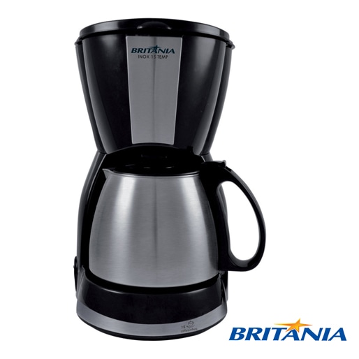 Possui placa de aquecimento cafeteira britânia capacidade 15 cafés inox reservatório