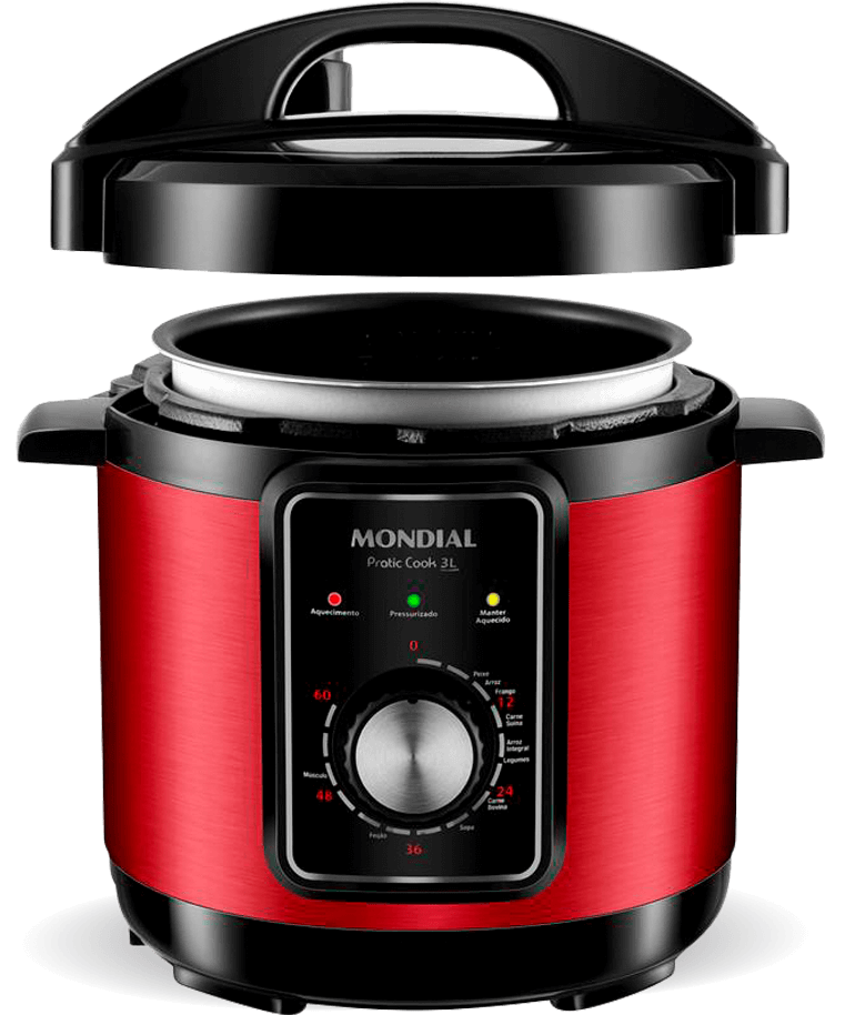 Acabamento resistente em aço inox na cor vermelha Panela de Pressão Elétrica PE-47 Pratic Cook Mondial acabamento