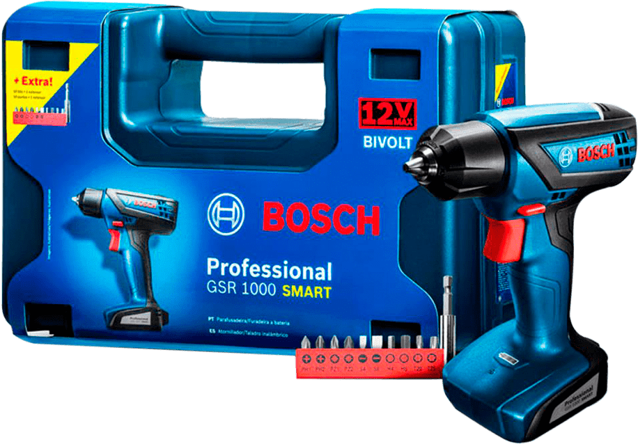 Possui maleta com 10 bits Parafusadeira GSR 1000 Smart Bosch acessórios