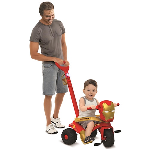 Brinquedo também se torna um empurrador para os pais levarem os filhos para passear Triciclo Velocipede Bandeirante Homem de Ferro com Empurrador Pais Squeeze Roda Livre haste removível