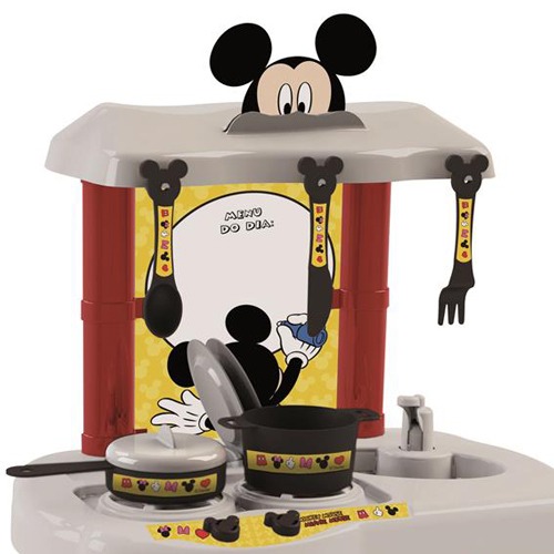 Indicado para crianças a partir de 3 anos Cozinha Xalingo Mickey Disney utensílios pratos talheres panela