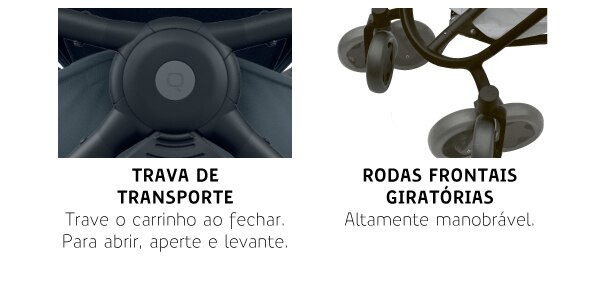 Trava de transporte e rodas giratórias Trava de transporte e rodas giratórias