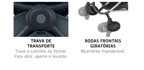 Trava de transporte e frontais rodas giratórias Trava de transporte e rodas frontais giratórias